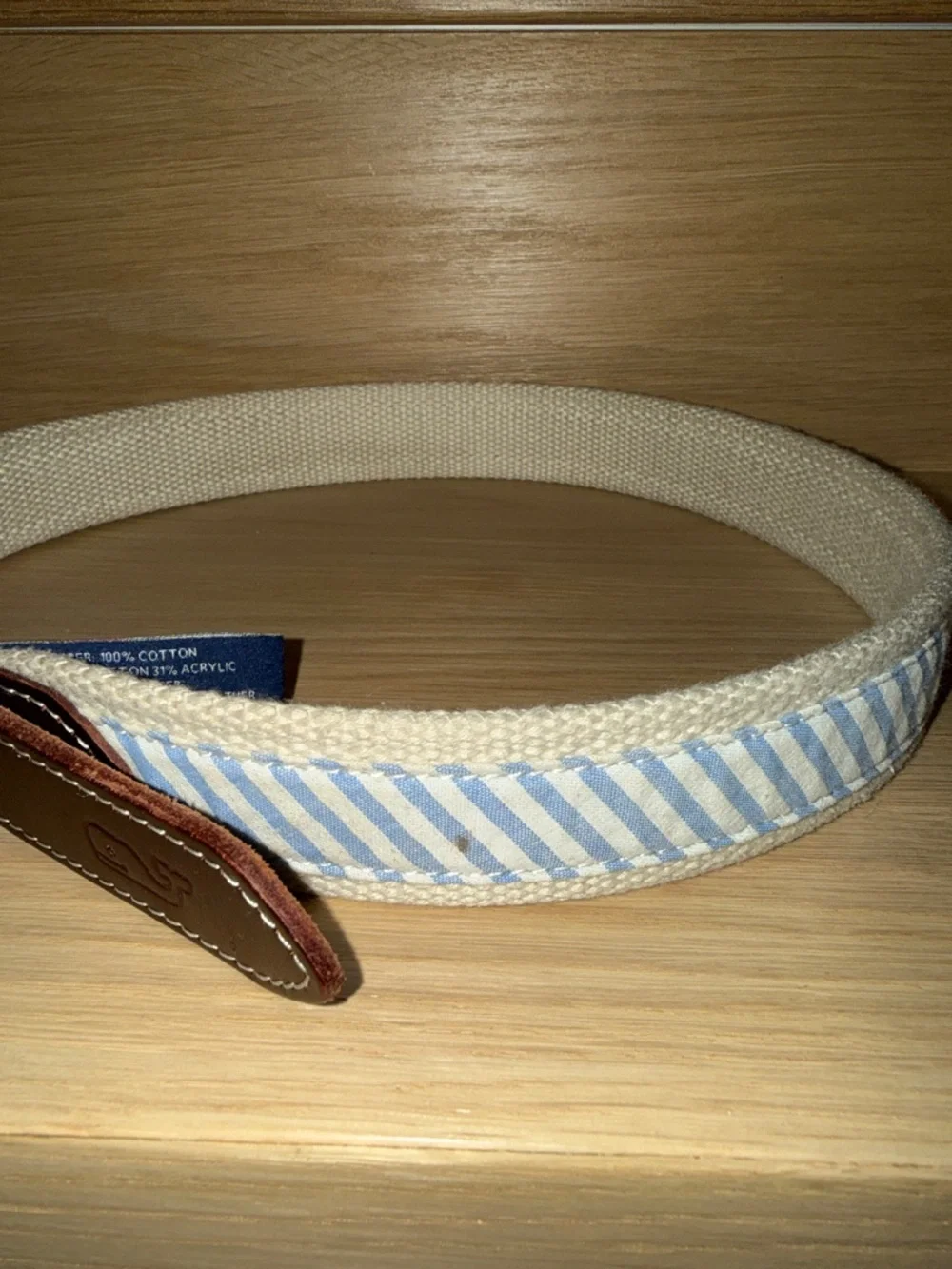 Vineyard Vines Boys Cream Canvas Belt with Blue Stripes and Brown Leather Sz 26